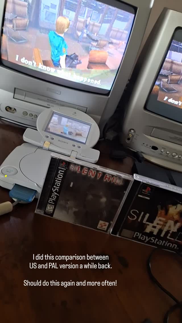 Silent Hill graphical comparison I did a while ago between the US and PAL version. I want to do this more often. Time though... 

Why have the game double? As I've stated before, the US version is the only edition with a unique enemy at the school, which was sensored in Japan and Europe. I also just LOVE Silent Hill, so yeah, haha.

#silenthill #playstation #comparison #ps1 #videogames