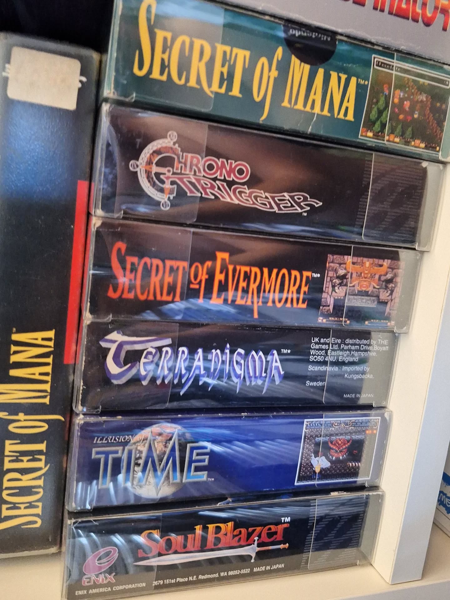 A nice stack of very good SNES RPGS. Square Enix when they were still Squaresoft and Enix independently.

I love these games so much. Chrono Trigger is still my favourite rpg of all time. But the other ones in this photo are all 👌🏾🔥

#games #videogames #retrogamepapa #retrogaming #retrogames #gamecollection #gamecollector #snes #rpg #jrpg #nintendo #squareenix #squaresoft #enix #secretofmana #chronotrigger #secretofevermore #terranigma #soulblazer #illusionoftime #supernintendo #90s